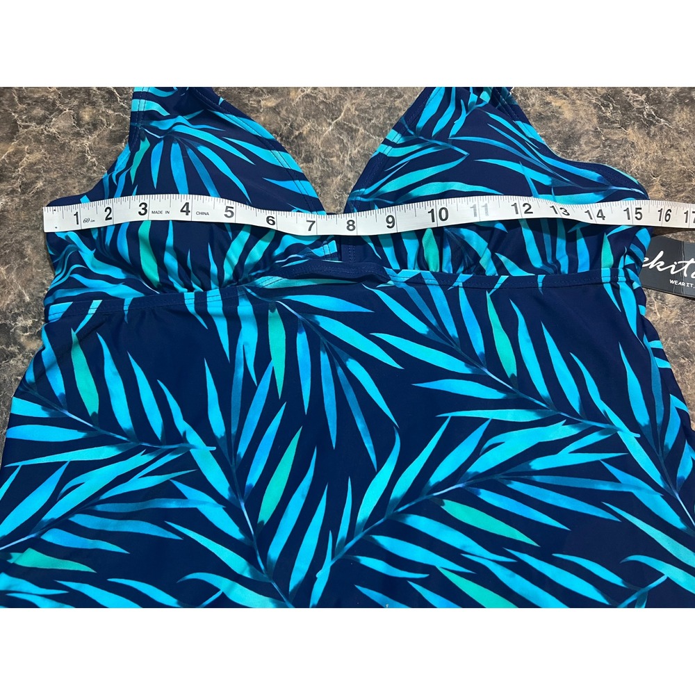 Rekita Womens Tropical Palm Leaf Tankini Set Navy Teal Swim Skirt Medium NEW - Picture 7 of 9
